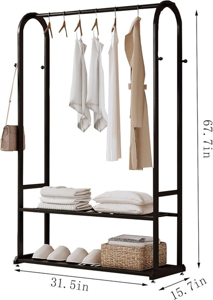 Heavy Duty Clothes Rack,Sturdy Metal Garment Racks for Hanging Clothes,Clothing Racks with bottom shelves & 6 Hooks,Multi-Functional Closet Rack for Bedroom Living room
