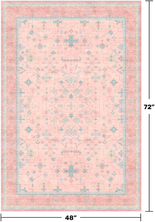 Nursery Area Rug 4x6 - Pink Rugs for Girls Bedroom, Living Room - Washable Low Pile Non-Slip Charming Boho Vintage Traditional Oushak Design, Perfect for Kids Rooms
