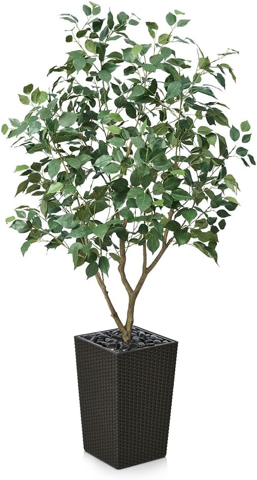 5ft Tall Artificial Ficus Tree in Black Planter with Pebbles | UV Resistant Faux Tree for Indoor & Outdoor | Realistic Floor Plant Decor for Home, Office (VN128)