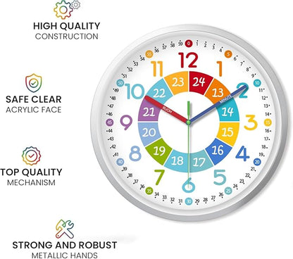 XFM Colorful Kids Wall Clocks Battery Operated 10 inch Silent Non Ticking Funny Time Teaching Wall Clock for Nursery Kids Room Classroom Decor