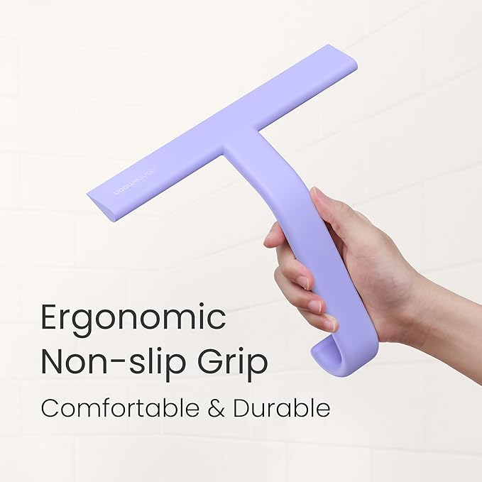 dancemoon JustHang Shower Squeegee for Glass Doors, All-one-Piece Silicone with Built-in Hook Design for Easy Hanging and Cleaning, 10 Inch Purple