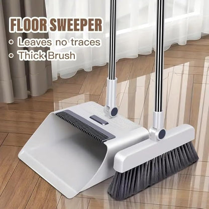 Broom with Dustpan Combo Set, 3 in 1 for Sweeping Indoor and Push Broom Outdoor with Dust Pan, 14.2 to 48.8 inch Adjustable Long Handle Broom and Dustpan Set (White)
