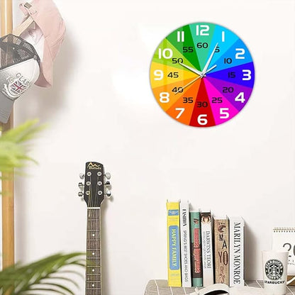 15 Inch Rainbow Color Wheel Telling Time Teaching Clock, Learn to Tell Time Educational Wall Clock Silent Non Ticking Battery Operated for School Classroom Kids Students Back to School Gifts