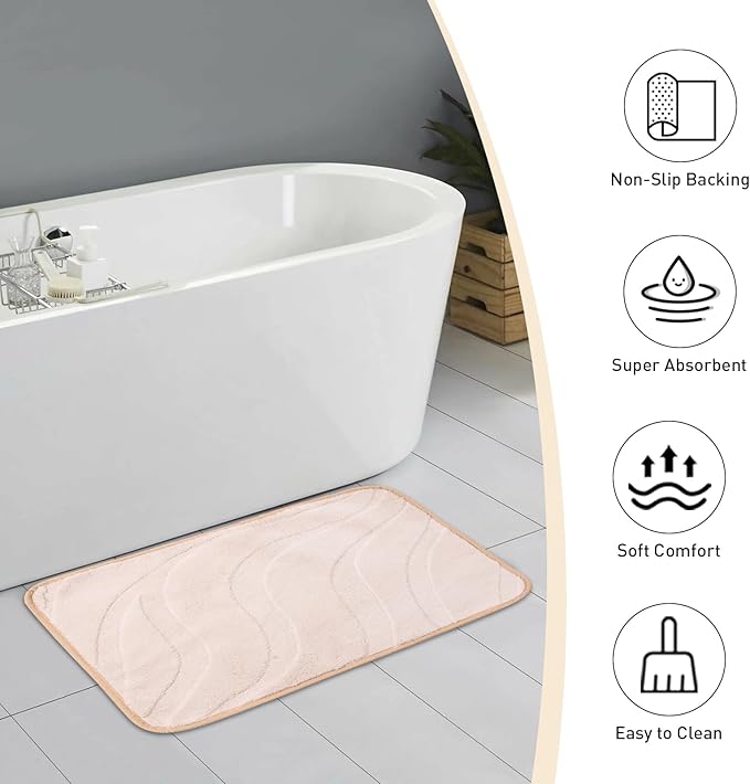Bath Mats 24x17 Non-Slip Absorbent Bathroom Rug, Quick Dry Machine Washable Shower Tub Mat with Rubber Backing, Soft Floor Carpet for Bathroom Decor Wave White