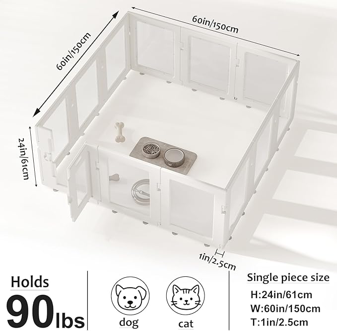 Clear Acrylic Dog Playpen Indoor, Puppy Cat Small Pet Play Pen, Easy Assemble & Disassemble Sturdy Plastic Dog Fence with Heavy Duty Door Lock (24In H, 12Panels), White