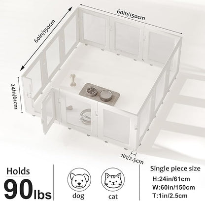Clear Acrylic Dog Playpen Indoor, Puppy Cat Small Pet Play Pen, Easy Assemble & Disassemble Sturdy Plastic Dog Fence with Heavy Duty Door Lock (24In H, 12Panels), White