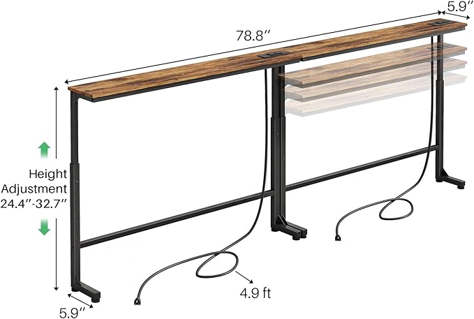 Kitstorack 2-Pack Narrow Console Table with Adjustable Height (25"-33") & 2 Power Outlets, Skinny Behind Couch Table, 79" Long x 5.9" Wide Sofa Side Table for Living Room, Rustic Brown | 2-Pack, Behind Sofa Couch