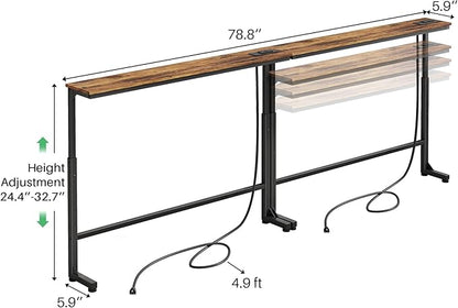 Kitstorack 2-Pack Narrow Console Table with Adjustable Height (25"-33") & 2 Power Outlets, Skinny Behind Couch Table, 79" Long x 5.9" Wide Sofa Side Table for Living Room, Rustic Brown | 2-Pack, Behind Sofa Couch