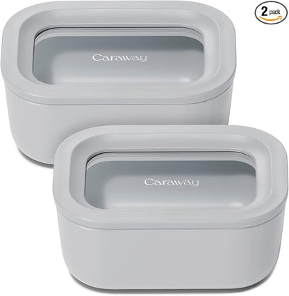 Caraway 2pc Glass Food Storage Set - 2.6 Cup Food Containers (2) - Non-Toxic Ceramic-Coated Glass - Air Release Technology - Compact & Stackable Design - Gray