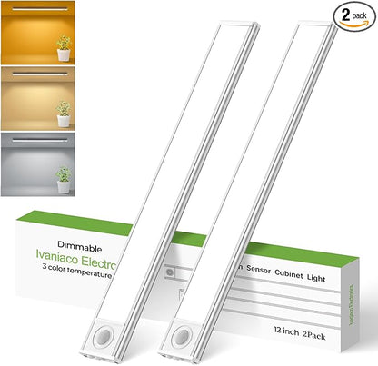 12in Under Cabinet Lights,90 LEDs,USB-C 2500mAh Rechargeable Battery,3 Color Temperature,Dimmable,Motion Sensor Cordless Under Counter Light for Wardrobe,Cupboard,Kitchen,Stairs(2pack 3CCT)