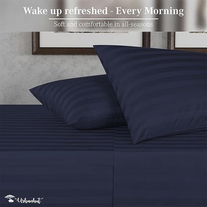 URBANHUT 800 Thread Count Egyptian Cotton Damask Striped King Size Sheets Set (4 Pc) - Ultra Soft & Smooth, Sateen Weave King Size Sheets, Luxury Hotel Sheets with 16" Deep Pocket - Navy Blue