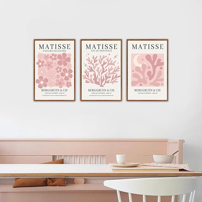 HLNIUC Pink Matisse Picasso Framed Wall Art,Neutral Pink Flower Canvas Wall Decor Set of 3(16”x24’) Modern Aesthetic Pictures Wall Painting,Abstract Floral Market Art Print for Living Room,Bedroom