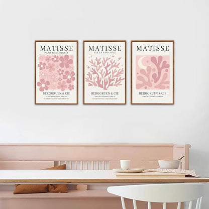 HLNIUC Pink Matisse Picasso Framed Wall Art,Neutral Pink Flower Canvas Wall Decor Set of 3(16”x24’) Modern Aesthetic Pictures Wall Painting,Abstract Floral Market Art Print for Living Room,Bedroom