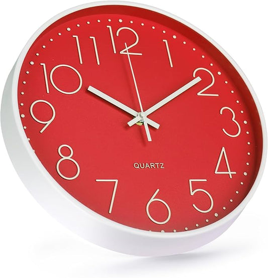 Wall Clock 10 Inch Non-Ticking Silent Modern Simple Style Round Decor Clock Red Stereoscopic Dial Quartz Wall Clocks for Home/Office/School/Living Room/Bedroom/Kitchen
