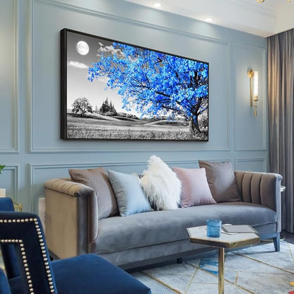Wapluam Black Framed Wall Art For Living Room Black and White Large Wall Decor For Bedroom Blue Tree Landscape Abstract Painting Office Wall Decoration Picture Modern Canvas Prints Home Wall Decor