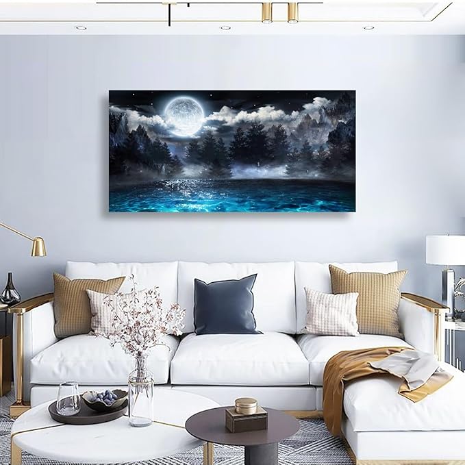Moon Ocean Pictures Canvas Wall Art for Living room Office Bedroom Wall Decor,Ocean Wall Art Print Paintings Modern Mystery Cloud Forest Blue Lake Artwork Waterproof Ready to Hang-28X57 inch