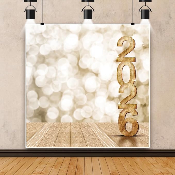 Leyiyi Happy New Year 2026 Background 10x10ft Photography Backdrops Wooden Bokeh Light Spot Dreamy Paillette Twinkle New Year Eve Christmas Family Party Adults Shooting Props