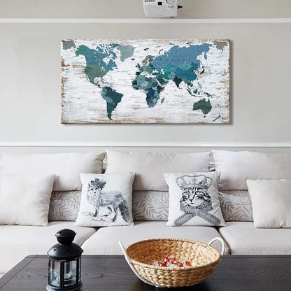 Teal Decor World Map Canvas Wall Art Pictures for Living Room Wall Decoration Blue Wall Decor Office World Map Wall Art Picture Framed Artwork for Home Bedroom Decoration 30"x60"