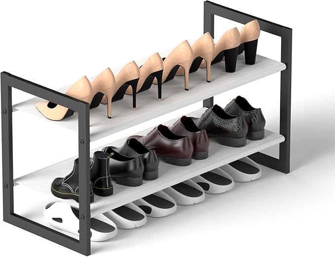 Shoe Rack for Closet & Entryway, Stackable 2-Tier Shoe Organizer, Welded Metal Frame, Semi-Assembled Fast Setup, 11.8" Deep Non-Woven Shelves, Space-Saving Shoe Storage, Black