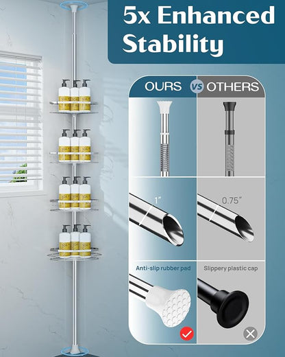 SEIRIONE Rustproof Shower Corner Caddy Organizer for Bathroom, 4 Adjustable Shelves with Tension Pole, for Bathtub Shampoo Accessories Storage Holder, 34 to 116 Inch Height