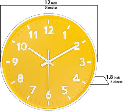 JENLYSTIME 12 Inch Modern Indoor Outdoor Clock,Round Bright Colorful Dial,Non Ticking Silent Quartz Battery Operated Wall Clocks,Easy to Read Simple Style Decor Clock for Bedroom,Kitchen(Yellow)