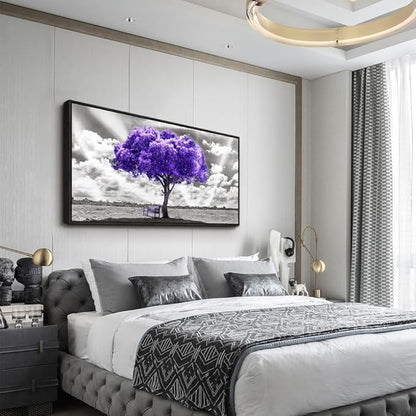 Wapluam Black Framed Canvas Wall Art For Living Room Large Wall Decor For Bedroom Wall Decoration Office Purple Tree Pictures Artwork Abstract Black and White Wall Painting Ready to Hang 20" x 40"