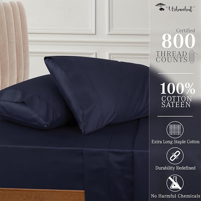 URBANHUT King Size Sheets - Egyptian Cotton, 4 Pc Bed Sheet Set, Luxury Hotel Sateen, Fits 16" Deep Pocket - Navy Blue