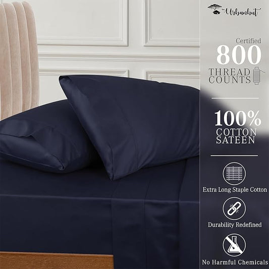 URBANHUT King Size Sheets - Egyptian Cotton, 4 Pc Bed Sheet Set, Luxury Hotel Sateen, Fits 16" Deep Pocket - Navy Blue