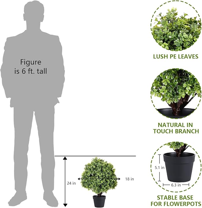 THE BLOOM TIMES 2ft Faux Boxwood Plants Outdoor Set of 2, 24" UV-Resistant Artificial Evergreen Topiary Ball, Fake Potted Greenery Shrubs & Bushes for Front Porch Planter, Patio Outside Decor