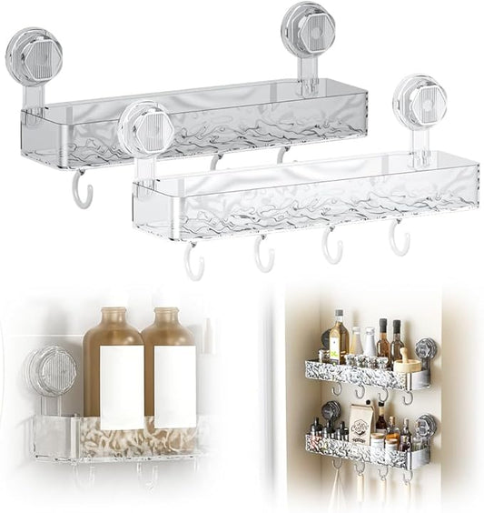 Corrugated Suction Cup Storage Holder, 2026 New Movable Shower Shelf Suction Cup,Shower Caddy Large Capacity Bathroom Organizer,No-Drill Wall-Mounted Storage Shelf (Clear + Gray)