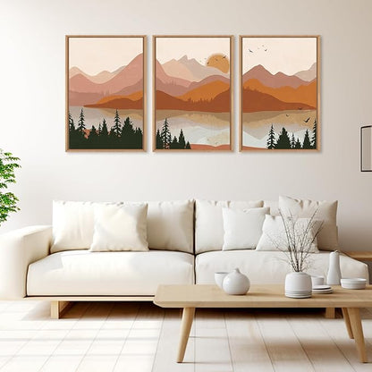 HLNIUC Boho Mountain Burnt Orange Wall Art Framed, Mid Century Modern Terracotta Wall Decor 24x36, Southwest Sunset 3 Piece Canvas Painting, Large Nature Picture for Living Room, Bedroom, Office