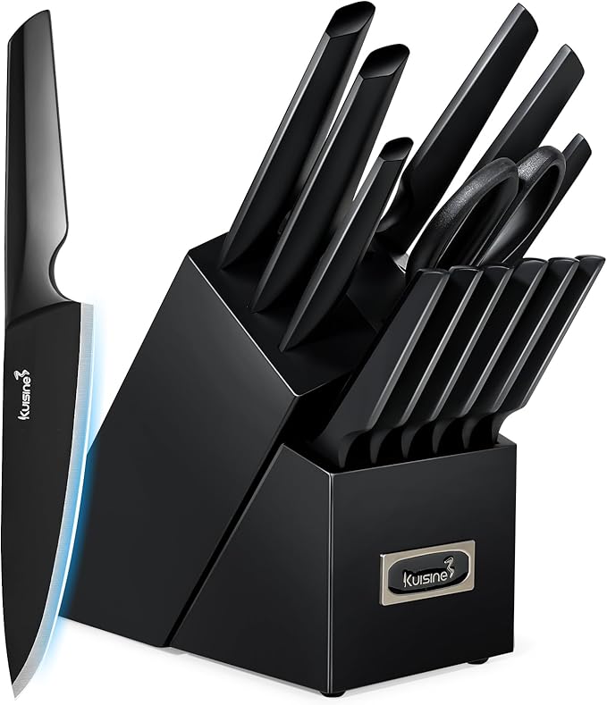 Kuisine Premium Knife Set,One-piece Steel Molding,High Carbon Stainless Steel Ultra Sharp,Non-slip Ergonomic Solid Steel Handle,Built-in Sharpener Knife Block Set,Luxury Gift(15PCS,Black)