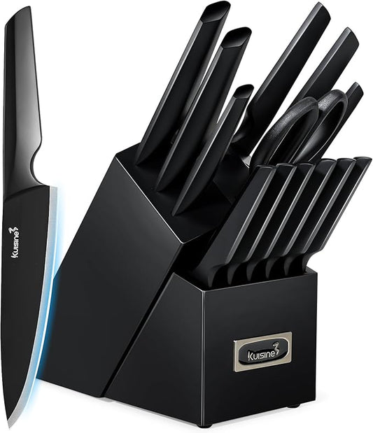 Kuisine Premium Knife Set,One-piece Steel Molding,High Carbon Stainless Steel Ultra Sharp,Non-slip Ergonomic Solid Steel Handle,Built-in Sharpener Knife Block Set,Luxury Gift(15PCS,Black)