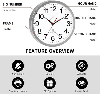 Atomic Wall Clock Modern 10 Inch Battery Operated Silent Non Ticking Analog Clock Decorative for Bedroom Kitchen Bathroom Office Home Living Room (Silver)