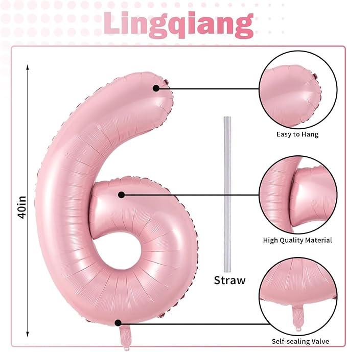 Pastel Pink Number 6 Balloons, 40 In Large Light Pink Number 6 Foil Helium Balloons for Girls, Self Inflating Number Balloons 0-9 for Girls 6th 16th Birthday Women Anniversary Party Decoration