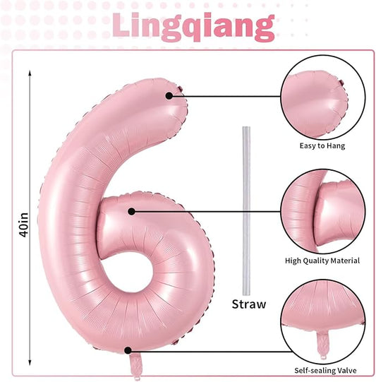 Pastel Pink Number 6 Balloons, 40 In Large Light Pink Number 6 Foil Helium Balloons for Girls, Self Inflating Number Balloons 0-9 for Girls 6th 16th Birthday Women Anniversary Party Decoration