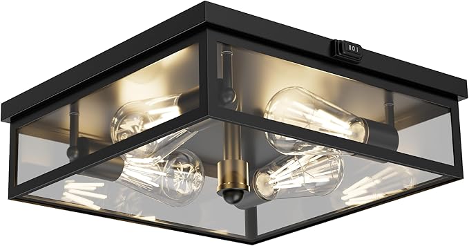 Caftersmark Outdoor Ceiling Light with Motion Sensor, Flush Mount Porch Ceiling Light, lear Glass with Dusk to Dawn 4-Light Close to Ceiling Light Fixture for Patio,Porch,Garage(14 in)