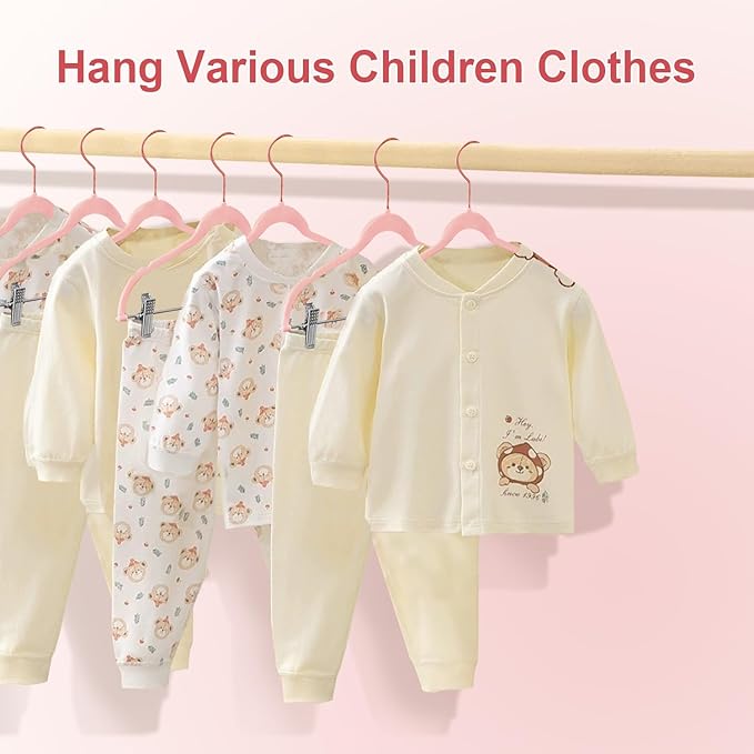 Baby Hangers with Clips, 14 Packs Kids Velvet Clothes Hangers, Heavy-Duty Childrens Pant Hangers for Shirts, Pants, Skirts, Dresses, Jackets, Coatt Pink - Rose Gold Hook