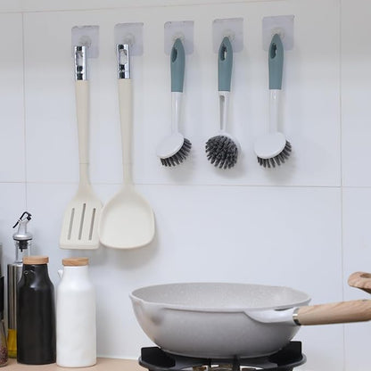 Patelai 6 Pack Kitchen Scrub Dish Brush with Long Handle Dish Scrubber with Stiff Bristles Scrub Brushes for Kitchen Dishes Washing Tools, Pots, Pans and Sink Cleaning (Celadon)