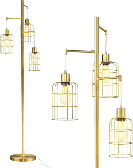ELYONA Modern Dimmable Floor Lamp for Living Room, Gold Tree Standing Light with 3 Metal Cage Shades, Industrial 71” Tall Pole Floor Lamps for Bedroom Reading, Office, LED Edison Bulbs Included