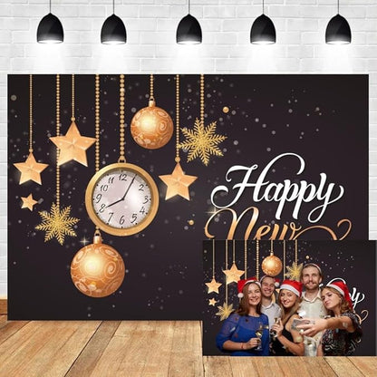 Leyiyi 10x6.5ft Happy New Year Backdrop Gold Clock Snowflake Vintage Eve Party Bokeh Halo Banner Glitter Sequin Luxury Star Photo Background Merry Christmas Portrait Shoot Vinyl Studio Props