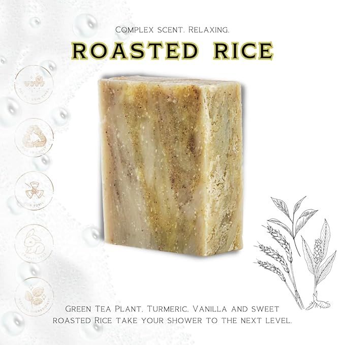 ILS Soap co - Roasted Rice Green Tea (Green Tea, Turmeric, Vanilla & Rice) All Natural Bar Soap for All Skin Types - Plant Based, Cold Process and Handmade in the USA (single bar)