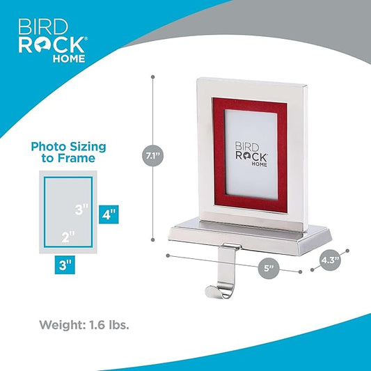 BIRDROCK HOME Photo Frame Stocking Holders - Holiday Greetings Mantle Fireplace Topper - Decorative Christmas Stocking Holder - Stainless Steel (Rectangle - Set of 4)