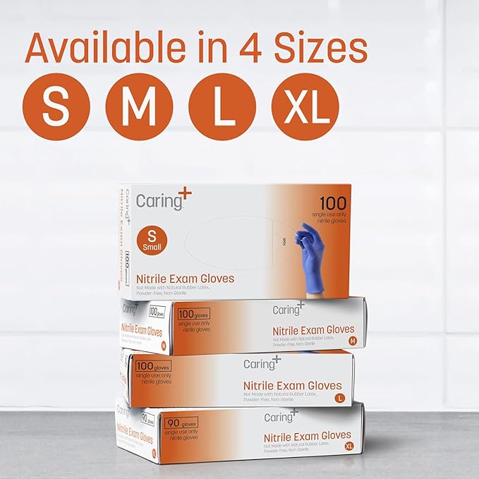 Caring Nitrile Exam Gloves, Blue, Powder-Free, Disposable Gloves for Medical Care, First Aid, Cleaning, Food Prep