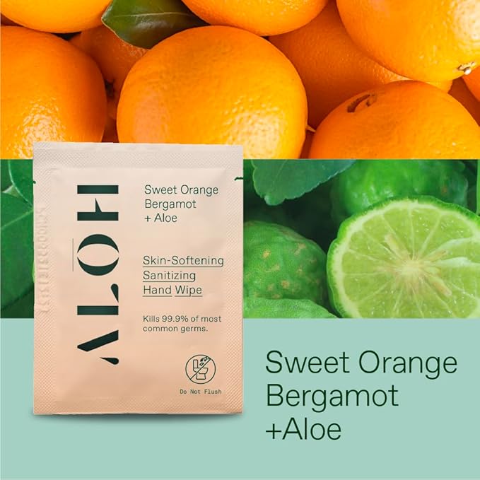 ALŌH Skin - Softening Sanitizing Hand Wipes – Sweet Orange Bergamot (1 Box of 20 Individual Wrapped Wipes)