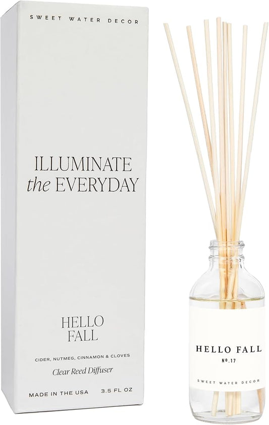 Sweet Water Decor Hello Fall Reed Diffuser Set - Hot Cider, Cinnamon, Cloves, Apple, and Nutmeg Scented Diffuser - Scent Diffusers for Home, Long Lasting Fragrance, Made in The USA