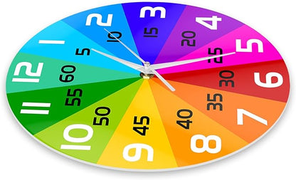 Rainbow Color Wheel Learning Clock, 12'' Telling Time Teaching Clock for Kids Analog Classroom Wall Clock Silent Movement Battery Operated for School Classroom Students Back to School Gifts