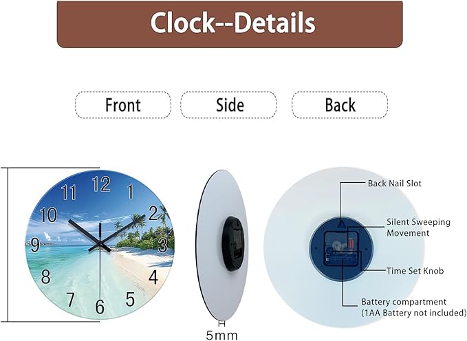XFM Large Wall Clock Battery Operated Beach Coastal Wall Clocks 20 Inch Silent Non-Ticking Tropical Seascape Glass Wall Clock for Living Room Bedroom Kitchen Decor