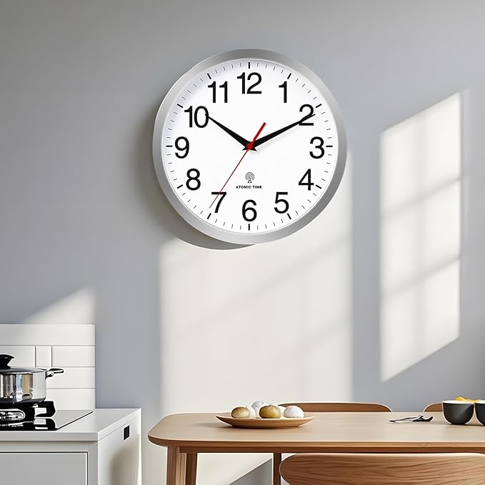 Atomic Wall Clock Modern 14 Inch Battery Operated Silent Non Ticking Analog Clock Decorative for Bedroom Kitchen Bathroom Office Home Living Room (Silver)
