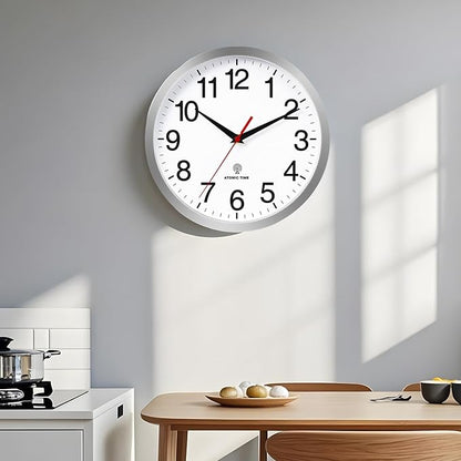 Atomic Wall Clock Modern 10 Inch Battery Operated Silent Non Ticking Analog Clock Decorative for Bedroom Kitchen Bathroom Office Home Living Room (Silver)